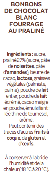 Oeufs Dégustation Chocolat Blanc Praliné Pâques Cémoi -Liste des ingrédients 