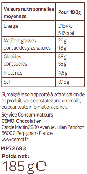 Sachet Oeufs Dégustation Lait Praliné et Eclats de Caramel - Liste des ingrédients 