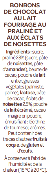 Oeufs Chocolat au Lait Praliné Eclats de Noisette Pâques Cémoi - Liste des ingredients 